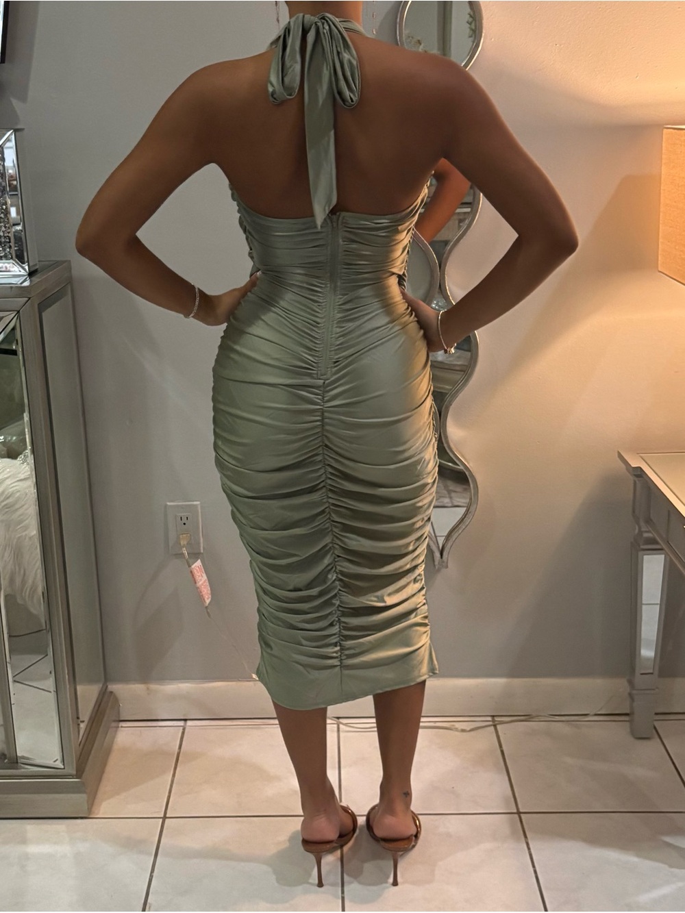 Silky Sage Ruched Halter Midi Dress